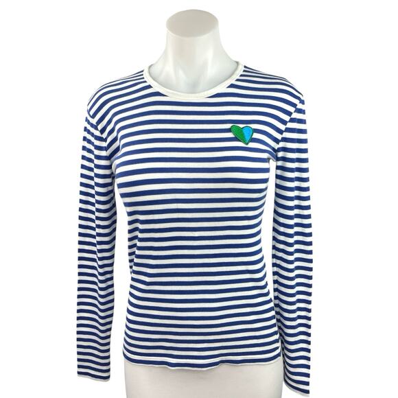 Tory Burch Sport Blue White Striped Embroidered Heart Long Sleeve Top Size XS - Picture 1 of 3